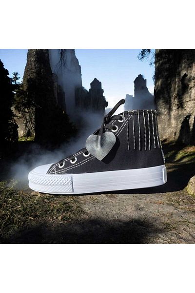 LİASSHOES Black Linen Sequined Chain Detailed Young Children's Sneakers