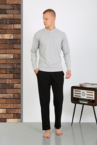 Akbeniz Ανδρικό χτενισμένο βαμβακερό μακρυμάνικο σετ πιτζάμα 6860 ΓΚΡΙ