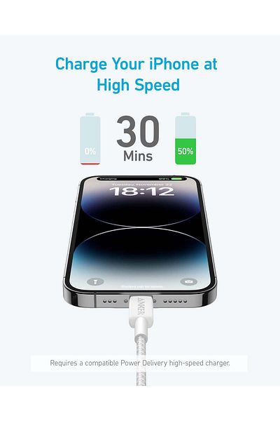 Anker كابل شحن USB C إلى Lightning (كابل مضفر، 6 أقدام)، معتمد من MFi، أبيض