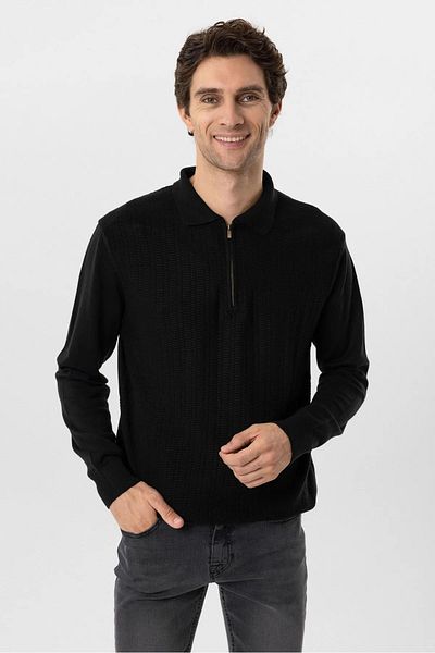 SÜVARİ Polo Collar Zipper Detailed Regular Fit Dobby Knitwear Sweater