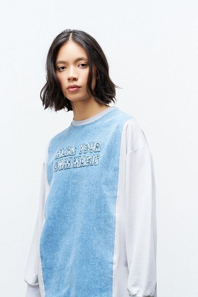 Basicpark Gray Embroidered Denim Women's Sweatshirt - Crew Neck, Skinny Leg Trousers, Cotton Knitted