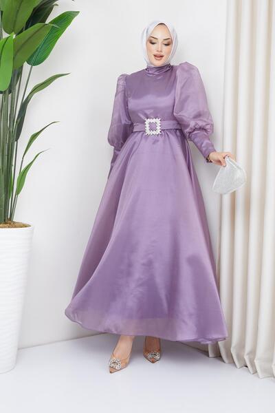 Hakimoda Balon Kollu Organze Lila Tesettür Abiye
