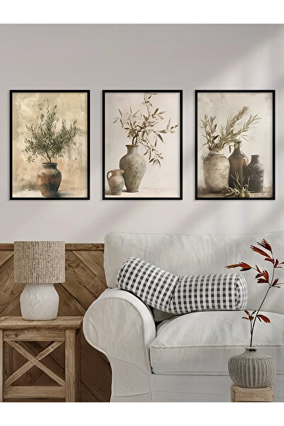 fijigo Siyah Çerçeveli Zeytin Gölgeleri Minimalist 3'lü Tablo