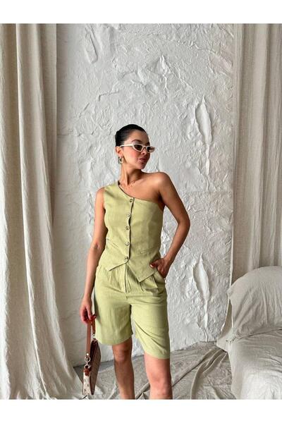 Dilek Aydın Atelier Haki Casual %100 Keten Tek Omuz Yelek- Şort Takım