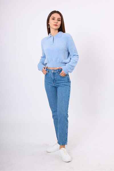 Peraluna Bluză de tricotaj pentru femei, albastru Lucy, cu decupaj crop, cu gât polo