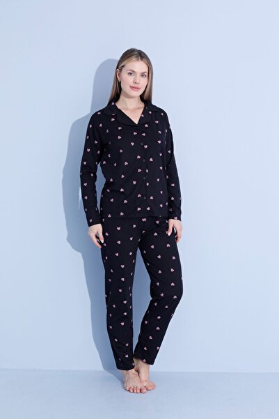 pijamacity Pamuklu Desenli Kadın Uzun Kol Önden Düğmeli Pijama Takımı