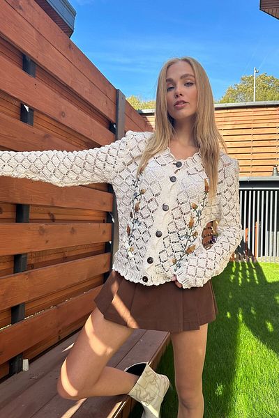 MY DEPO Women's Embroidered Button Detail Openwork Knitwear Cardigan