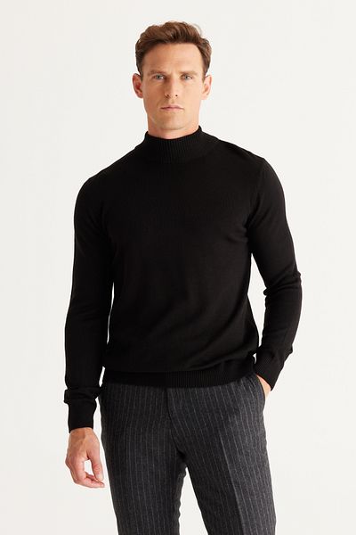 ALTINYILDIZ CLASSICS Schwarzer, pillingfreier Anti-Pilling-Strickpullover mit halbem Rollkragen und Standard-Passform für Herren