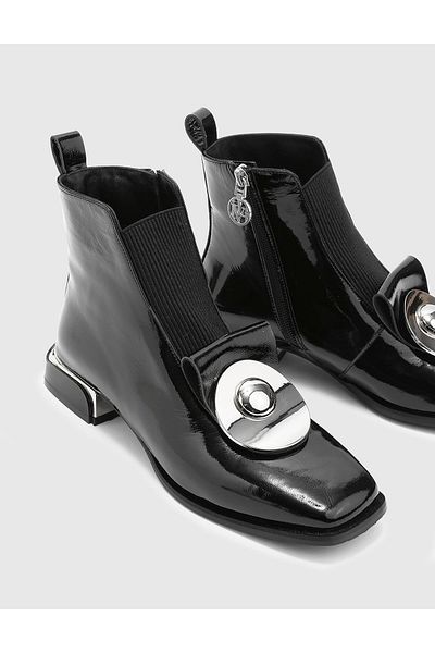 İLVİ Gael Genuine Patent Leather Women's Black Heeled Boots