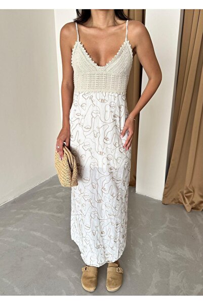 Dilek Aydın Atelier Beyaz %100 Pamuk Üst Detay Askılı Örgü Alt Detayı Nakış I...