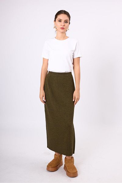 Peraluna Fusta tricotaje cu nervuri Molly Midi - Verde Inchis Melange