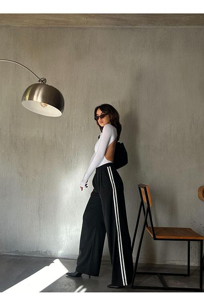 minaaise Women's Black Striped Side Ribbed Polyviscose Palazzo Trousers 28262