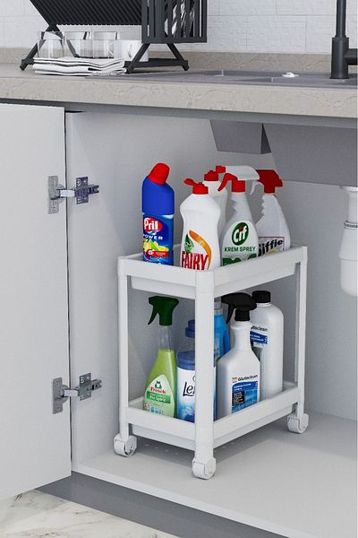 LIUWA 2-Tier Shelf Organizer - Rolling Bathroom Cabinet, Kitchen Countertop and Sink Bottom, Detergent Holder (White)