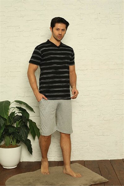 Akbeniz Ανδρική μαύρη φόρμα πιτζάμα 3 τεμαχίων με λαιμόκοψη 6822