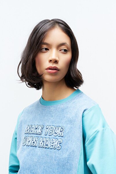 Basicpark Water Green Embroidered Women's Denim Sweatshirt - Crew Neck, Skinny Leg Trousers, Knitted Cotton