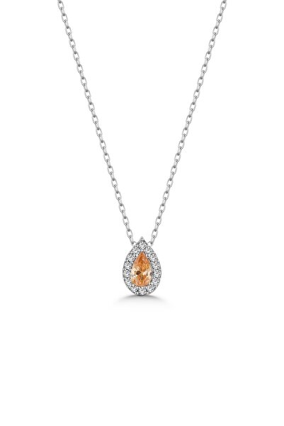 SARIASLAN Sitrin Taşlı Minimal Küçük Boy 925 Ayar Damla Gümüş Kolye Rodyumlu