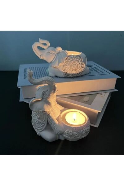 TAŞDEVRİLIFE 2 Li Dekoratif Fil Mumluk Tealight Mumluk Beyaz