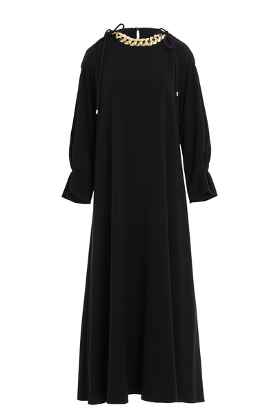 GİZİA Uzun Kollu Beli İşlemeli Uzun Siyah Elbise