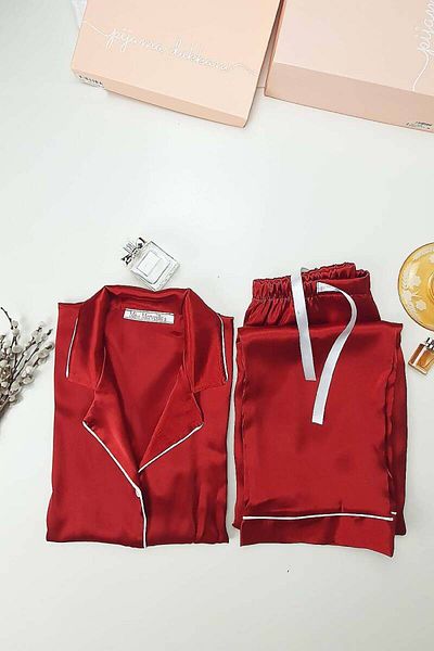 Miss Merveille Men's Neck Bow Silk Satin Women's Pajama Set - Burgundy 8004Ms