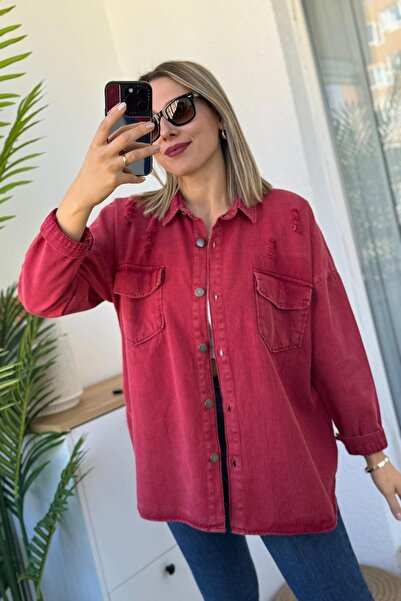 Mivida Oversize Yırtık Detay Bordo Gabardin Gömlek Ceket