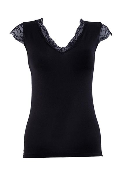 Blackspade 1348 Tricou negru din dantela modal cu decolteu in V