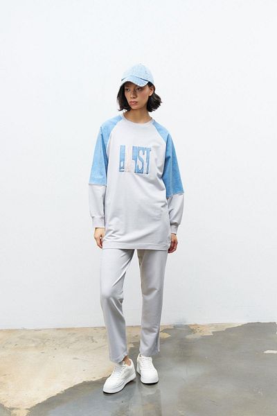 Basicpark Gray Embroidered and Stone Detailed Denim Women's Top and Bottom Set - Skinny Leg Cotton Knitted