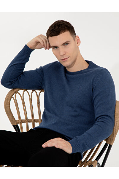 Pierre Cardin İndigo Melanj Slim Fit Bisiklet Yaka Basic Triko Kazak 50257290...