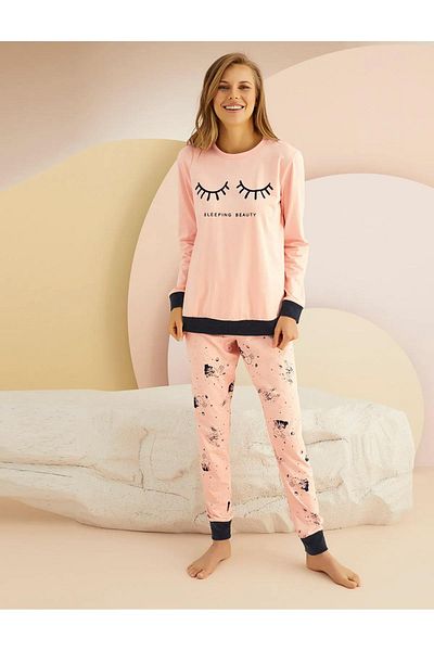 Sevim 13908 Set pijama cu imprimeu pentru femei din bumbac pudrat