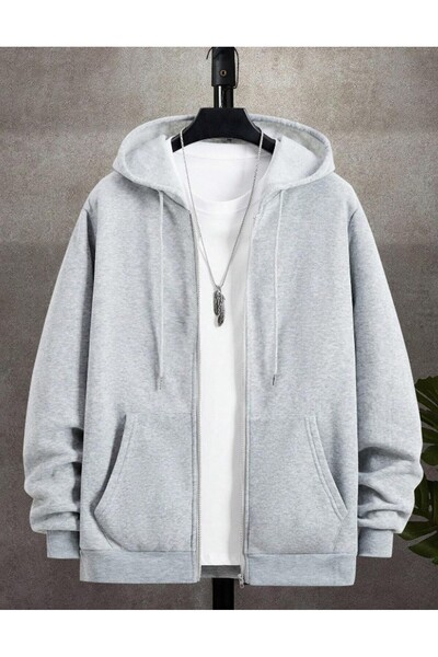 ORLONTEX سترة صوفية بغطاء للرأس مقاس كبير باللون الرمادي للجنسين