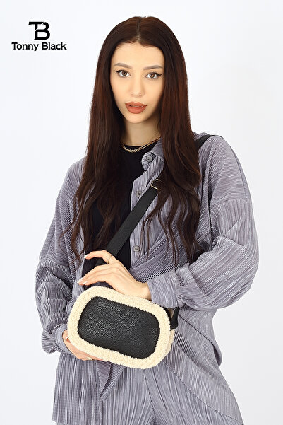 Tonny Black Original Fur Plush Mini Shoulder Bag Crossbody Zippered Shoulder Bag with Adjustable Strap