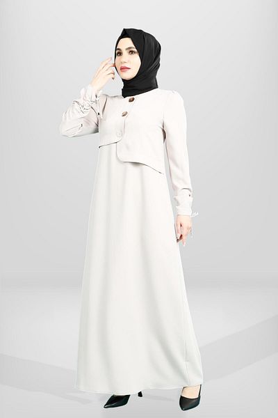 Beyza Κουμπί Λεπτομερής Λαβή Gathered Μπεζ Χρώμα Φόρεμα Hijab 5649