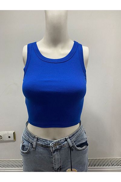 LADY HAZAL Crop Top cu gât albastru, cu nervuri, bustieră groasă