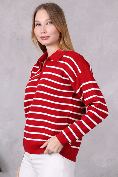 LUGMO Women's Polo Neck Oversize Striped Zippered Knitwear Sweater Red