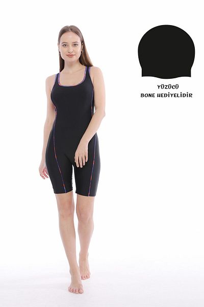 vawensea Women's Long Shorts Swimsuit Colorful Piping Black (with Breast Pad)