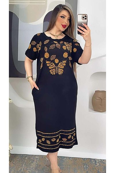 Kokostrendi Butterfly Detailed Crystal Jewelled Dress - BLACK