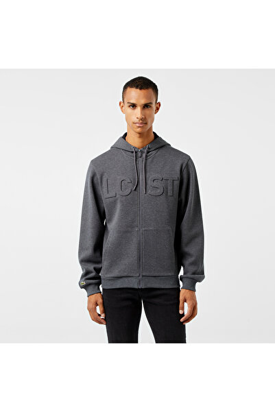 Lacoste Erkek Relaxed Fit Kapüşonlu Baskılı Gri Sweatshirt