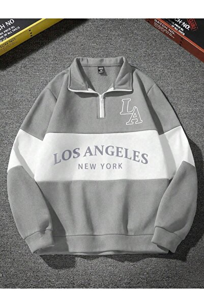 ORLONTEX Unisex Grey Los Angeles Φούτερ με στάμπα με μισό φερμουάρ Polo λαιμό...
