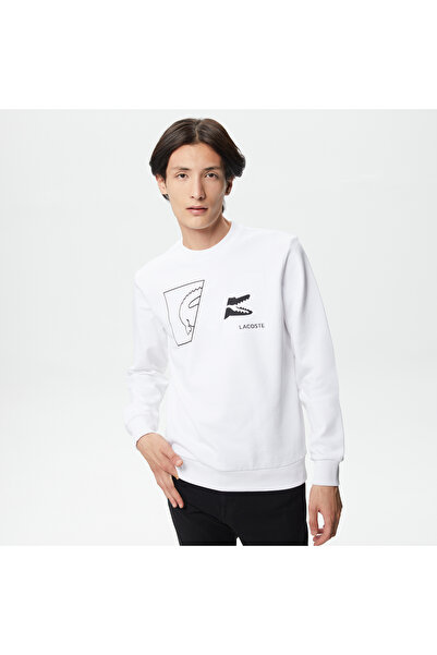 Lacoste Erkek Regular Fit Bisiklet Yaka Baskılı Beyaz Sweatshirt