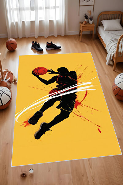 Noble Halı Dijital Baskı Sarı Siyah Basketbolcu Silüetli Makinada Yıkanabilir...