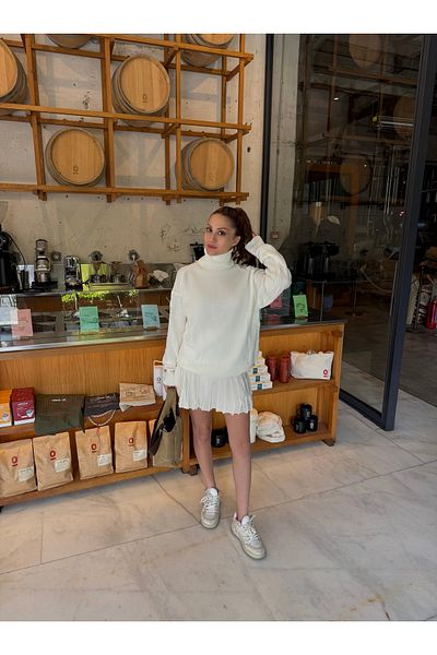 Paraf style Ecru Turtleneck Sweater and Skirt Set