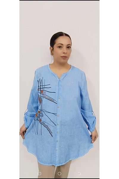 AKŞEN GİYİM Βαμβακερό λινό τουνίκ Plus Size που πλένεται - Στριφτό μανίκι με λεπτομέρεια αστραπής και στάμπα