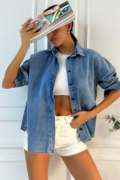 ZAROLİ Cămașă de damă oversize din denim albastru