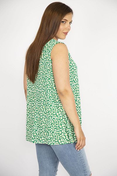 Şans Women's Green Plus Size V-neck Front A Pleat Flower Patterned Blouse 65n36590