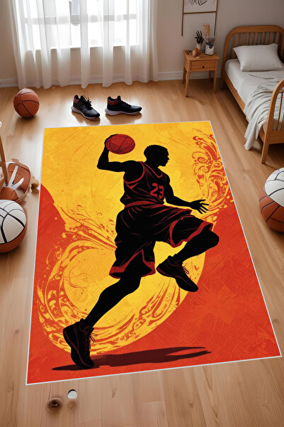 Noble Halı Dijital Baskı Sarı Kırmızı Basketbol Silüetli Makinada Yıkanabilir...