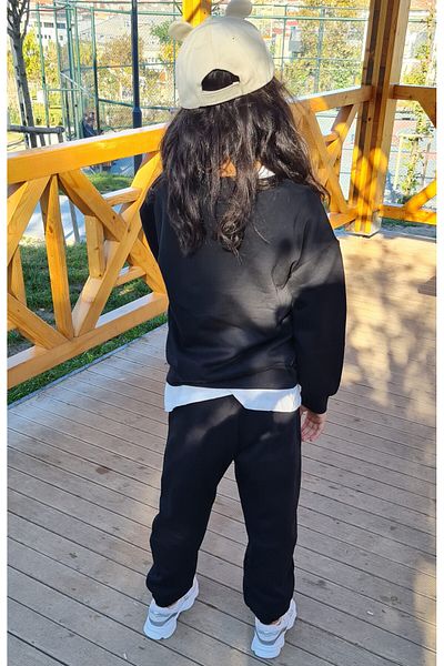 LePold Set de pantaloni de trening oversize pentru fete/băieți cu 3 fire de sus, fund negru, imprimat negru