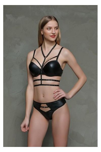 MOONLİGHT Moonlight 322 Set sutien cu susținere detaliat din piele neagră