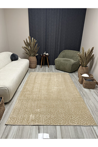 Dinarsu Armoni Rölyef Halı Kaymaz Tabanlı Yıkanabilir Gold Çizgili Salon Mutf...