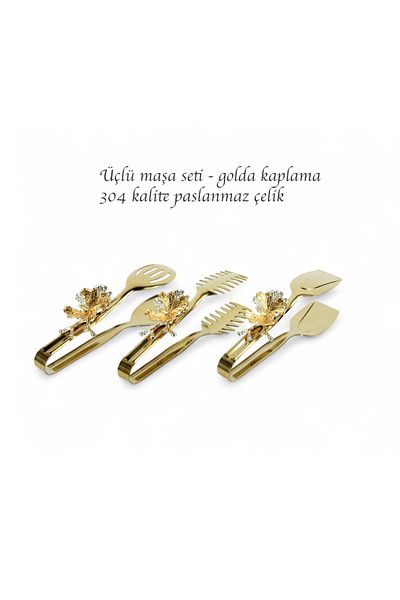 EVSTYLE 304 Quality - Gold Butterfly Handle Triple Tongs Set
