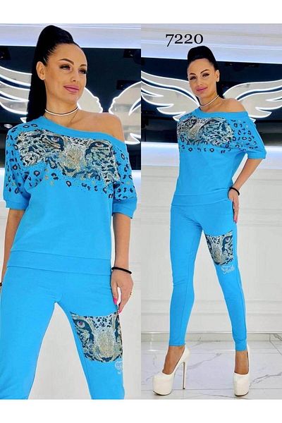 Kokostrendi Off Shoulder Lion Crystal Stone Tracksuit Set - Turquoise