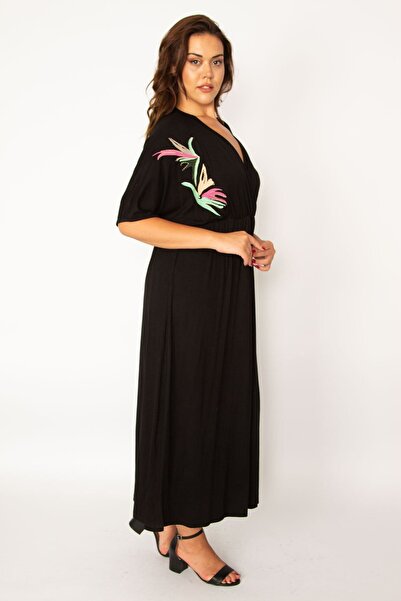Şans Women's Large Size Black Wrap Collar Dress with Elastic Waist and Embroidery Detail 65n33976